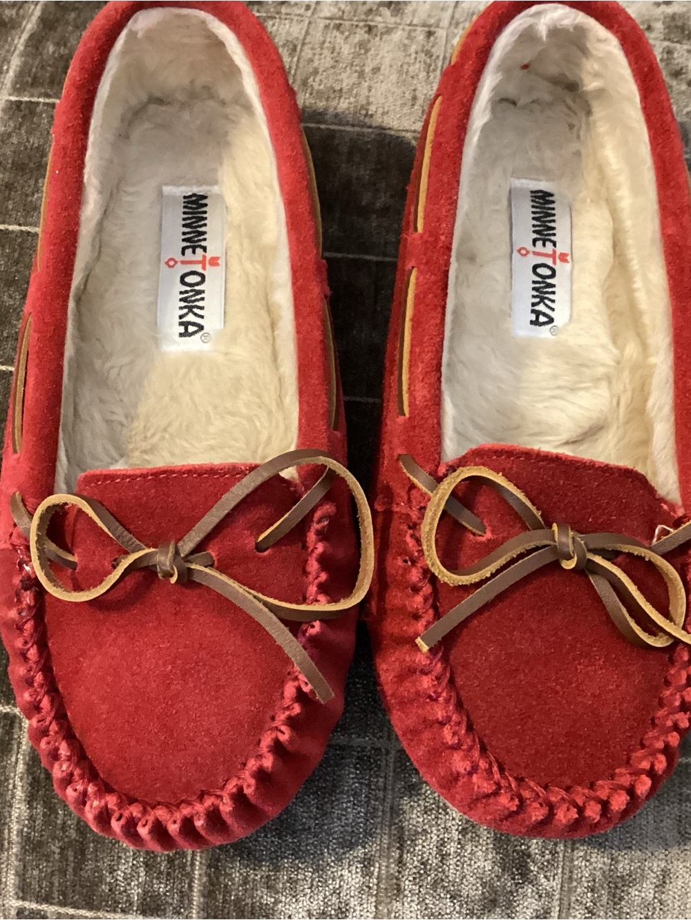 Minnetonka Red Leather Faux Shearling Lined Interior